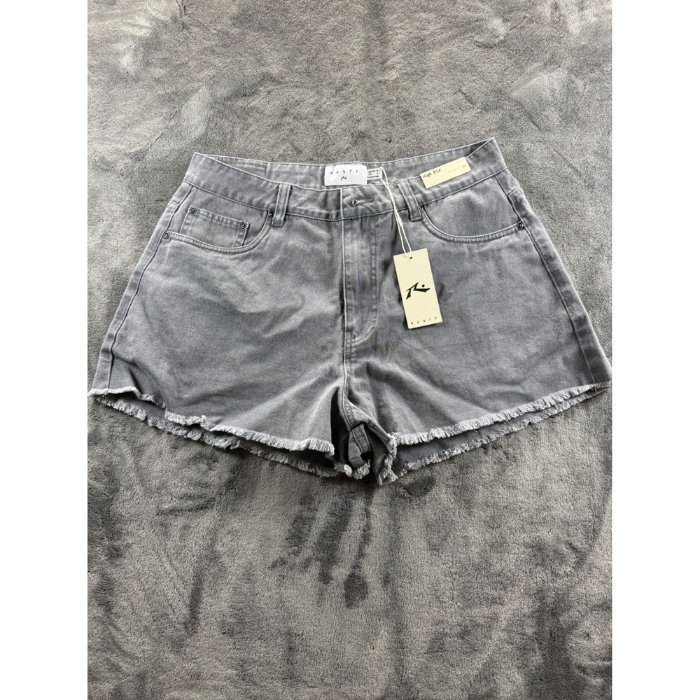 Rusty Womens High Rise Denim Shorts Grey Frayed Hem Size L NWT